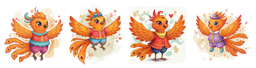 Set Cute naive baby phoenix characters in colorful outfits and joyful poses  