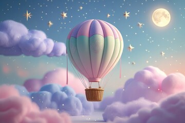 Fototapeta premium Pastel Hot Air Balloon Night Sky Dreamy Cloud Art