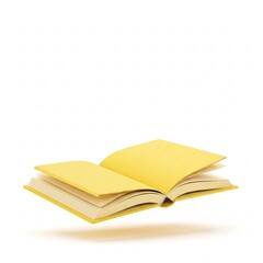 A yellow book, open, falling elegantly against a white background.