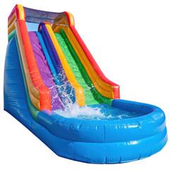 Vibrant rainbow inflatable water slide with splash pool isolated on transparent background