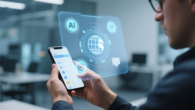 Man holding smartphone with ai interface and globe hologram in a modern office setting scene
