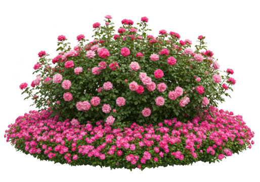 Abundant pink roses and smaller pink flowers blooming in a lush garden bed isolated on transparent background