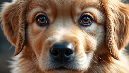 Face-Filling Close-Up of a Golden Retriever Puppy with Shallow Depth of Field and Golden-Brown Highlights in an Outdoor Background