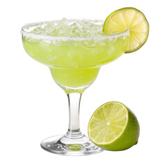 Refreshing frozen margarita cocktail with lime garnish and salt rim isolated on transparent background