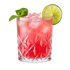 Refreshing pink cocktail with lime and mint garnish isolated on transparent background