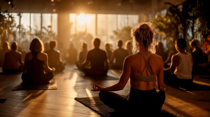 Group mindfulness session in sunlit studio with people sitting cross legged in harmony, peaceful and focused atmosphere