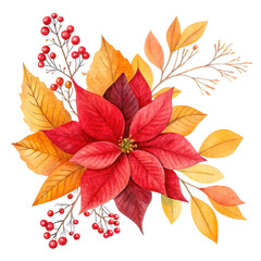Watercolor red poinsettia flower with autumn leaves and berries isolated on transparent background