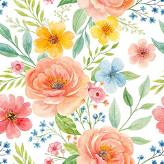 Beautiful watercolor floral pattern with peonies roses and blue flowers isolated on transparent background