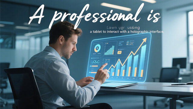 Man interacting with holographic interface on tablet in modern office setting for data analysis