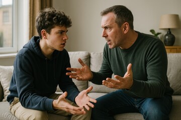 Father-son heated discussion indoors.