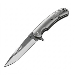 Obraz premium A silver folding knife with a metal handle, isolated on a white