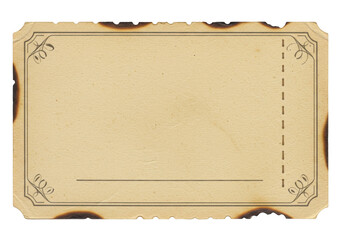 Vintage burned paper ticket with decorative corners and perforated edge isolated on transparent background