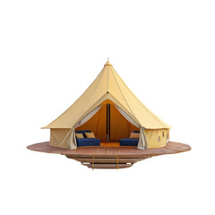 Luxurious bell tent with comfortable seating on wooden deck isolated on transparent background