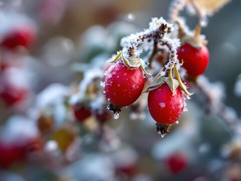 bereifte Hagebutten mit zarten Eiskristallen