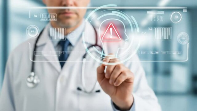 A doctor interacts with a digital interface displaying a brain alert, highlighting the intersection of medicine and technology