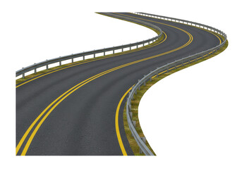 Curving asphalt road with yellow lines and guardrail isolated on transparent background