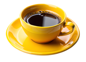 A vibrant yellow cup filled with dark coffee sits on a matching saucer against a clean white backdrop isolated on transparent background