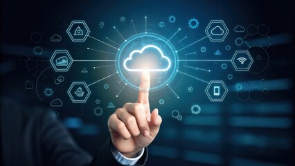 Businessman s finger touching a glowing cloud icon surrounded by technology symbols