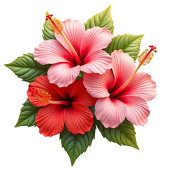 Vibrant red and pink hibiscus flowers with green leaves isolated on transparent background