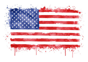 Artistic watercolor american flag with splattered paint effect isolated on transparent background