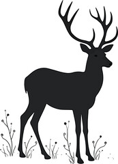 Naklejka premium Vector art of silhouette of a majestic stag standing in a field of grass isolated on white background
