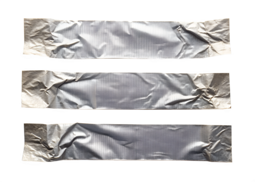 Three strips of silver duct tape with wrinkled textures are isolated against a clean transparent background
