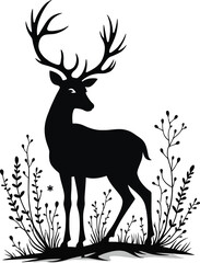 Vector art of silhouette of a majestic stag standing in a field of grass isolated on white background