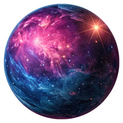 Vibrant cosmic nebula sphere with glowing star isolated on transparent background