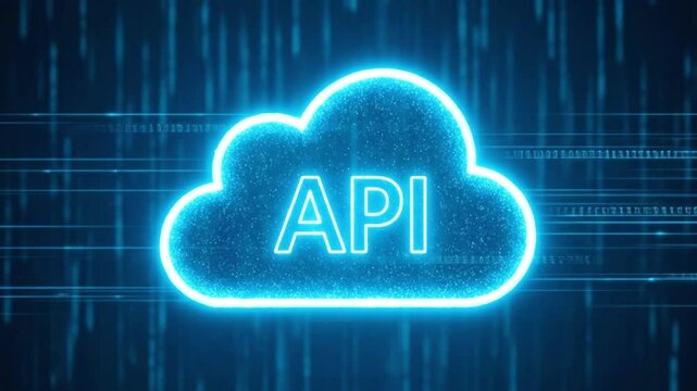 A glowing cloud with the word api represents cloud computing technology and internet services