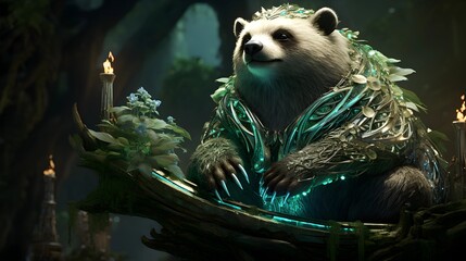 Obraz premium This captivating image features a bear adorned in intricate glowing armor, set in an enchanting forest.