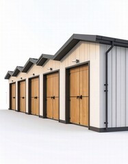 a 3D render of barracks, positioned left, isolated white background 