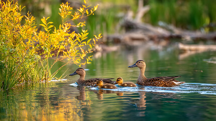 Mother duck and her ducklings in the water