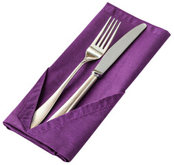 fork and knife on purple napkin