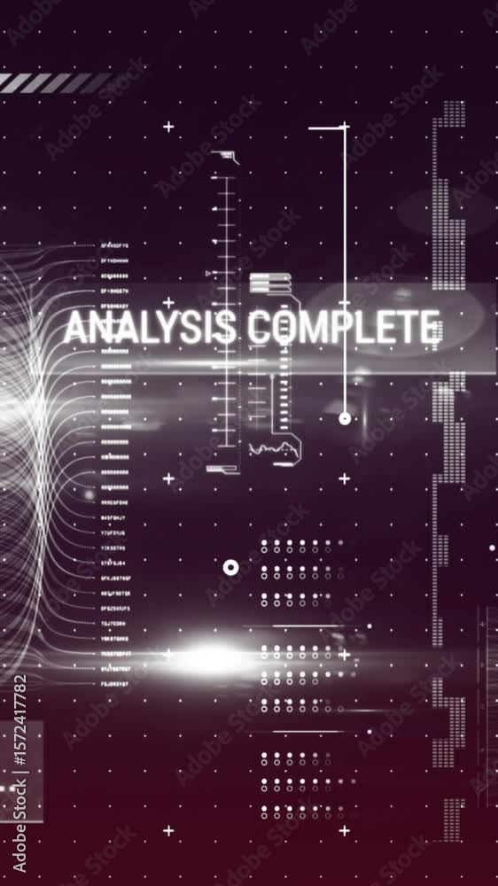 Poster animation of interface with data processing and light spots against purple gradient background
