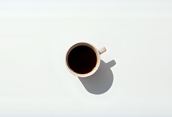 Flatlay of a cup of black coffee on clean white surface with soft shadow. Minimalist style, neutral color palette, natural light – ideal for lifestyle, productivity, and morning visuals.
