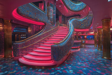 Neon-Lit Ocean Liner Casino with Leaf-Shaped Staircase and Brass Columns