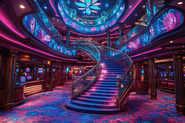 Elegant Two-Floor Casino on Ocean Liner with Vibrant Lighting Effects