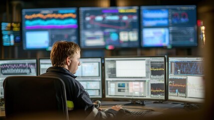 An operator in the control room intently studying a voltage monitoring interface with multiple screens showing voltage trends live data and historical charts all bathed in the soft
