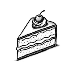 Chocolate cake, cake, with cream topping and cherry, Hand drawn, Pencil drawing illustration, black, transparent background, PNG, no ai