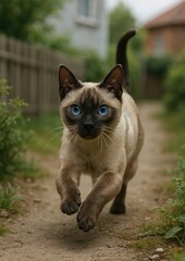 Siamese cat running outdoors