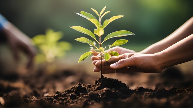 Hands carefully planting a young tree, symbolizing growth and environmental responsibility.