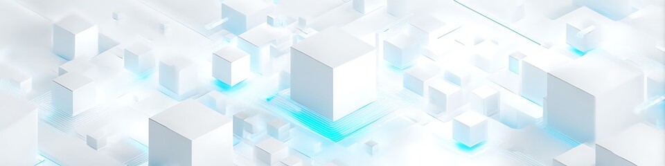 Obraz premium All-white tech landscape with soft blue glows and floating UI shadows