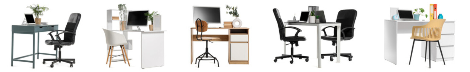Collage of modern workplaces on white background