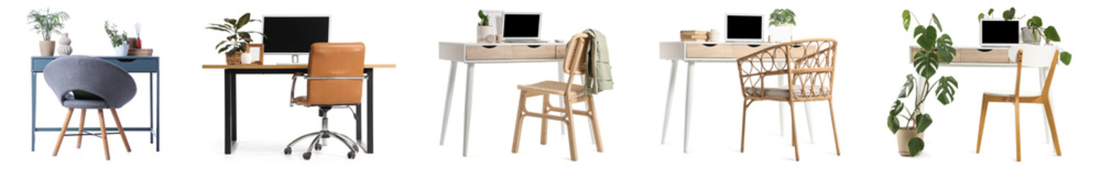 Group of modern tables on white background