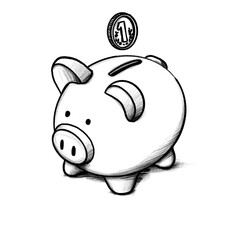 Piggy bank with coin, Hand drawn, Pencil drawing illustration, black, transparent background, PNG, no ai
