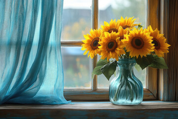 Cozy Room Bathed in Warm Sunlight and Floral Glow
