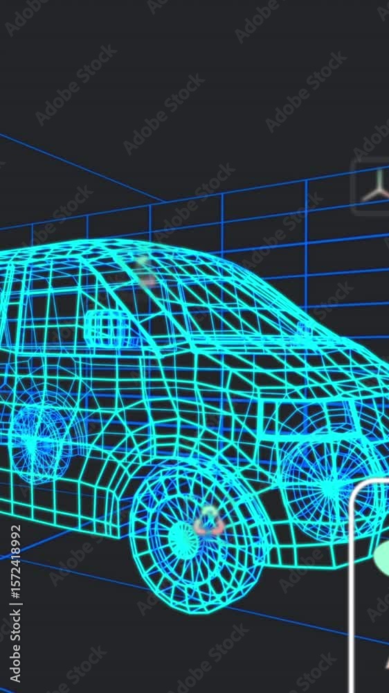 Poster animation of multiple digital icons over 3d van model moving in seamless pattern in a tunnel