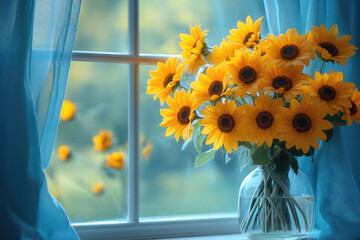Yellow Sunflowers Brightly Illuminated on Windowsill Vase