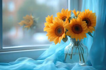 Vibrant Sunflowers Contrasting Soft Blue Curtains by Window