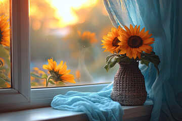 Vibrant Sunflowers Contrasting Soft Blue Curtains by Window
